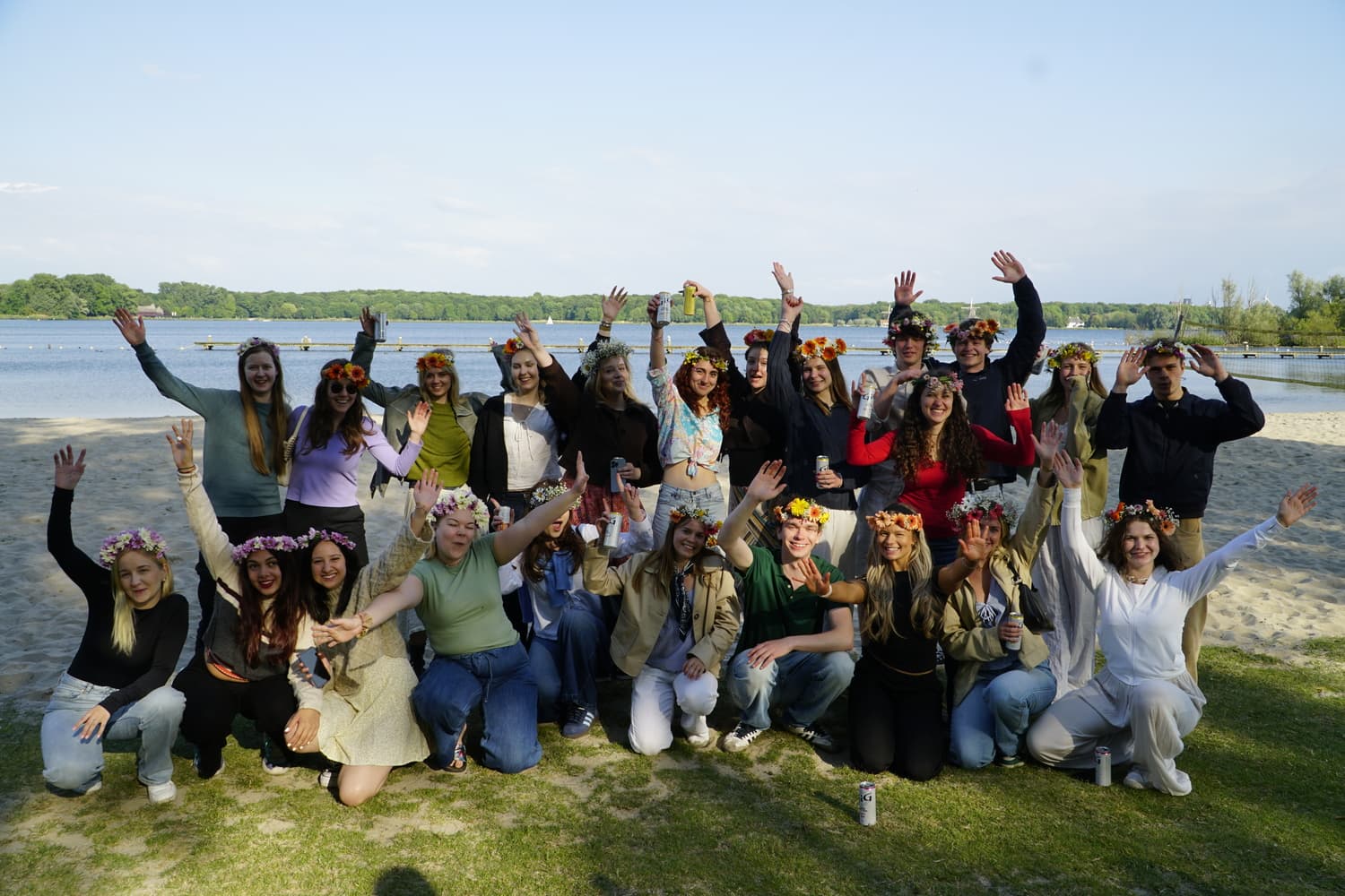 Group photo with everyone wearing flower crowns